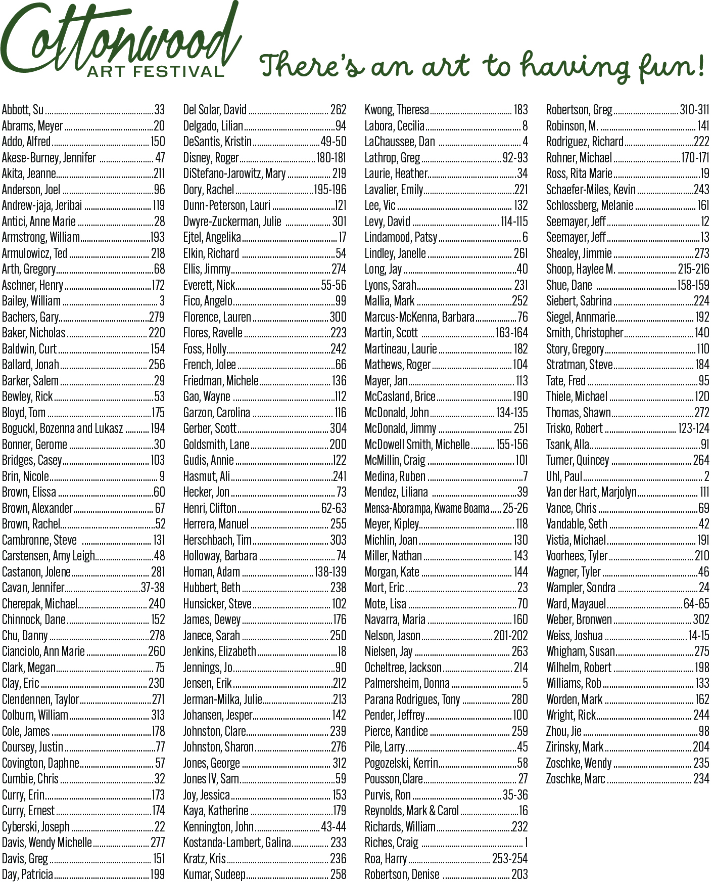 2024 Fall List of Artists at Cottonwood Art Festival in Richardson by Booth Number