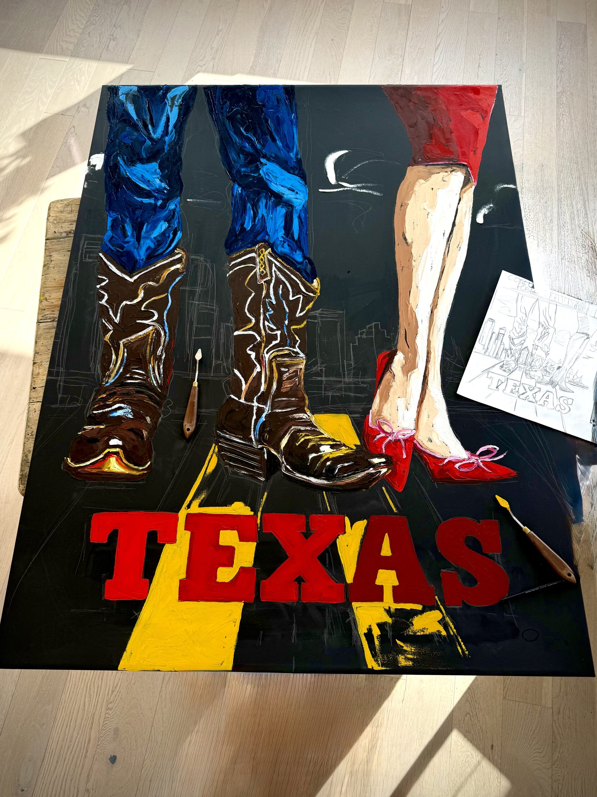 Texas painting in progress by Julia Gilmore as souvenir poster design for Cottonwood Art Festival in Richardson