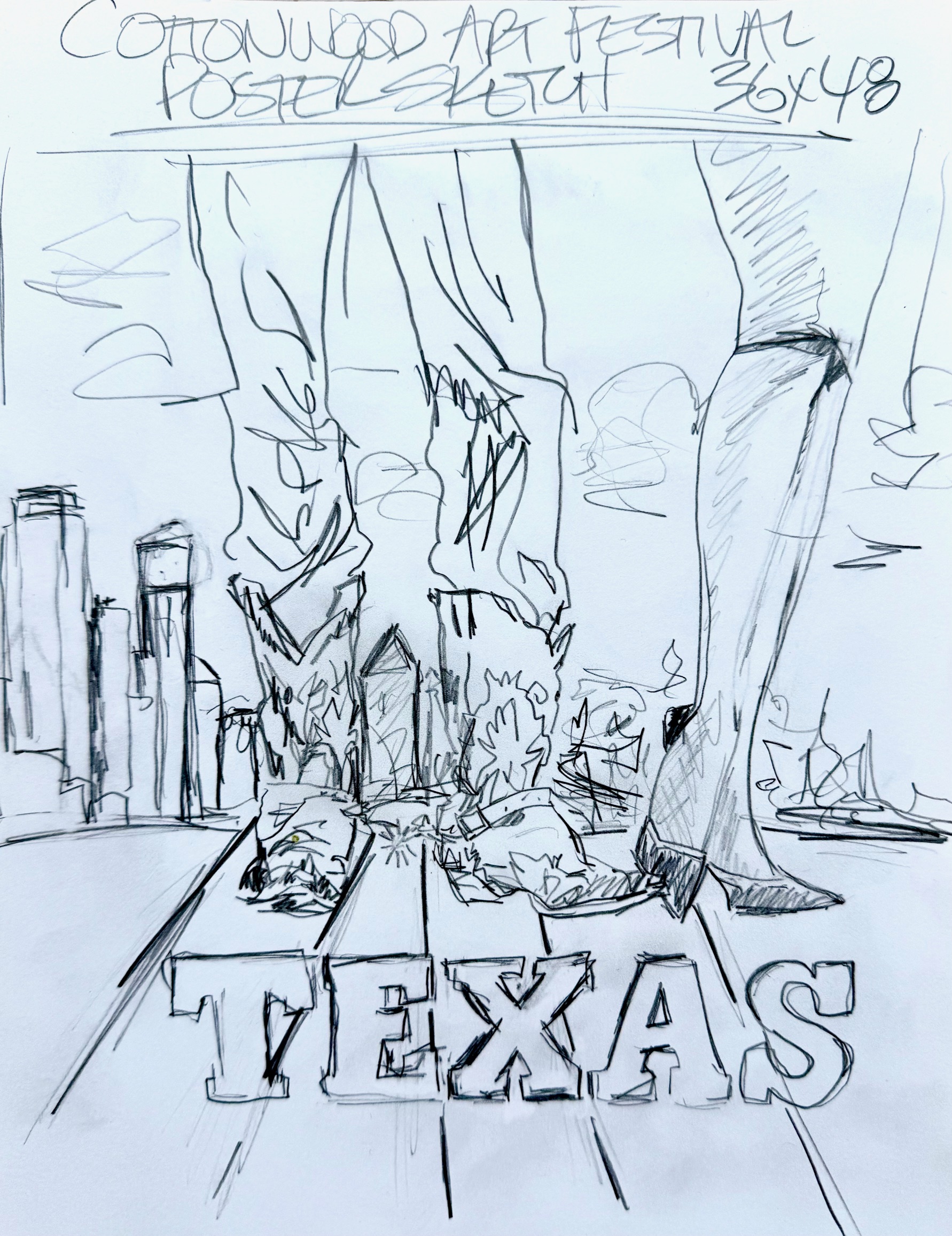Sketch of Texas painting by Julia Gilmore for the Official Souvenir Poster Spring 2026 Cottonwood Art Festival